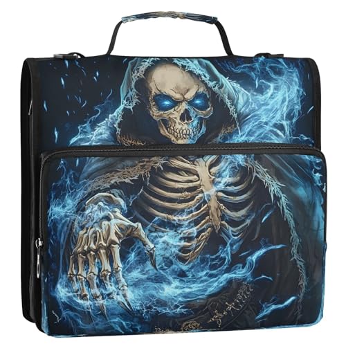 3 Ring Zipper Binder Blue Skeleton Skull Binders Bag with Shoulder Strap 500 Sheets Paper Organizer Trapper Keeper Documents Storage File Folder for School Office - color: A1125