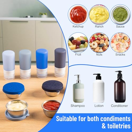 MICEBAY 8-Pack Salad Dressing Container To Go, 2-oz Silicone Small Condiment Squeeze Bottles and 1.6 oz Stainless Steel Sauce Containers Cups, Leakproof Condiment Containers with Lids for Lunch Box - color: Blue, size: 2-oz