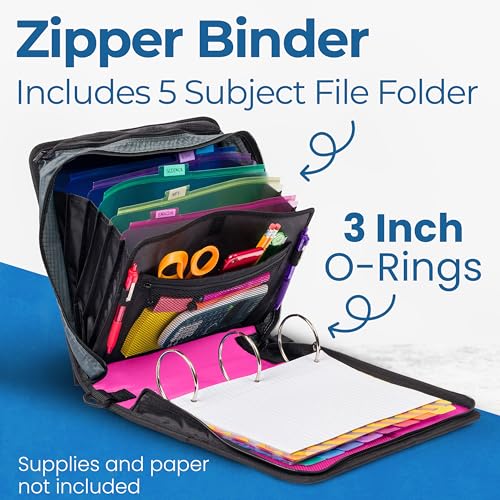 Case-it Mighty Zip Tab School Zipper Binder | 3-Inch O-Rings, 600-Sheet Capacity, 5-Subject Expanding File Folder, Multiple Pockets & Storage Organizer, Shoulder Strap | D-146 Magenta | 6 Pack - color: H Magenta, size: 6 Pack