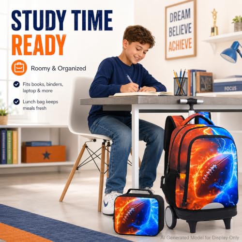 gxtvo Large Wheels & Quiet Glide | Rolling Backpack for Kids - Water-Resistant Wheeled Bag with Lunch Box for School, Travel & Outings - Fire & Lightning Rugby - color: Rolling Backpack Fire Lightning Rugby
