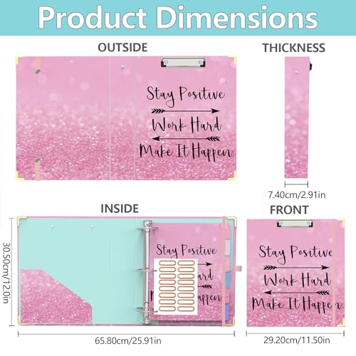 3 Ring Binder 2 Inch, Cute Pink Round Ring Binders with 6 Tab Dividers, Labels Stickers, Low Profile Clipboard with Storage, Fashion Binder School Office Supplies(Stay Positive) - color: Stay Positive