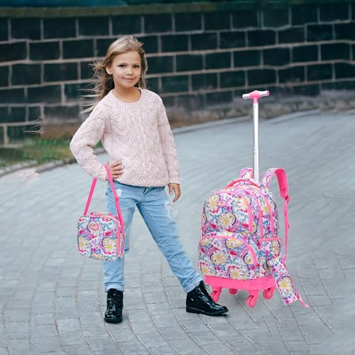 Kids Rolling Backpack for Girls Daisy Suitcases Trolley Roller Luggage Backpacks with 360° Rotating Wheels 15" Laptop Lunch Box Pencil Case for Elementary 18” Travel School Bag Pink - color: Pink-juhua-1220