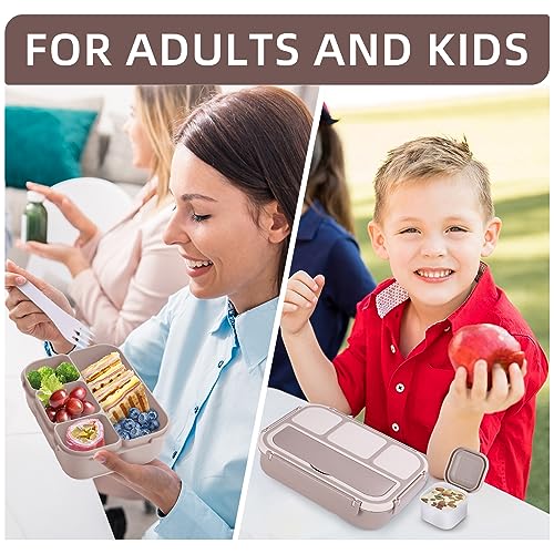 QQKO Bento Box Adult Lunch Box, Lunch Containers for Adults Men Women, Kids Lunch Boxes for School with 4 Compartments, Sauce Container, Utensils and Muffin Cups, Brown - color: Brown
