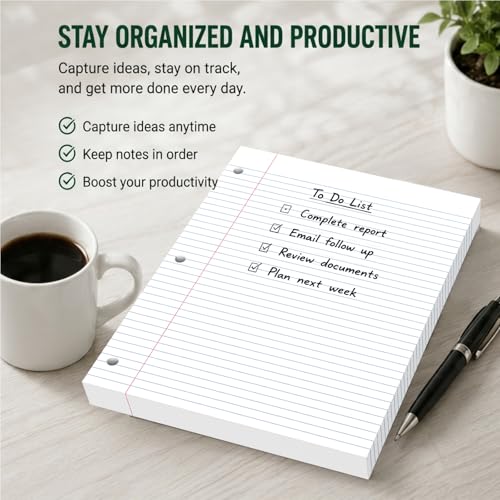 Loose Leaf Paper, 75 Sheets Notebook Lined Pads, 8 x 10.5 College Ruled Filler Paper, 3-Hole Punched Binder Paper for 3-Ring Binders, Double-Side Printed Note Pads for Home, Office, School, 1 Pack