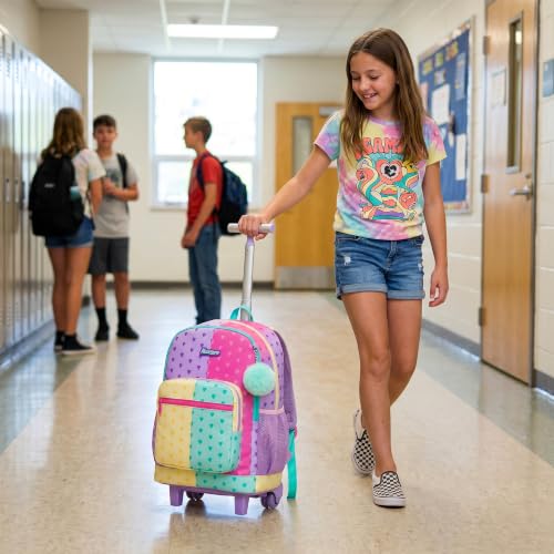 Girls Rolling Backpack with Lunch Box School Backpacks with Wheels 16.5" Roller Backpack for Girls, 3pcs Kids Wheeled Bookbag for Elementary School - color: Duoseaixin