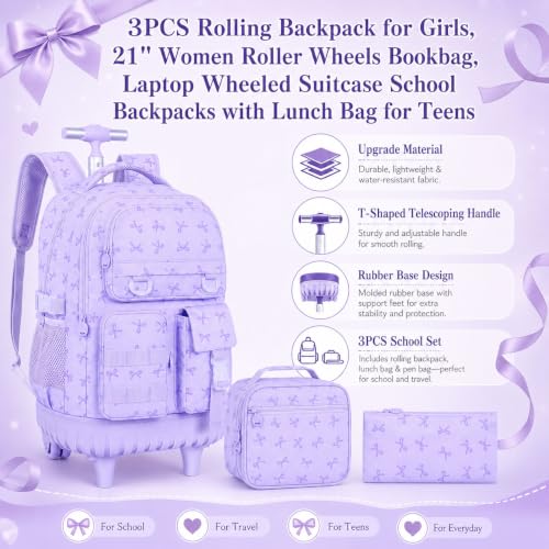 WZLVO 3PCS Girls Rolling Backpack, Water Resistance Roller Bookbag, Women Aesthetic Wheeled School Bag Set with Lunch Box & Pencil Bag for Teens & Kids - Purple Bow - color: 3pcs Girls Rolling Backpack - Purple Bow