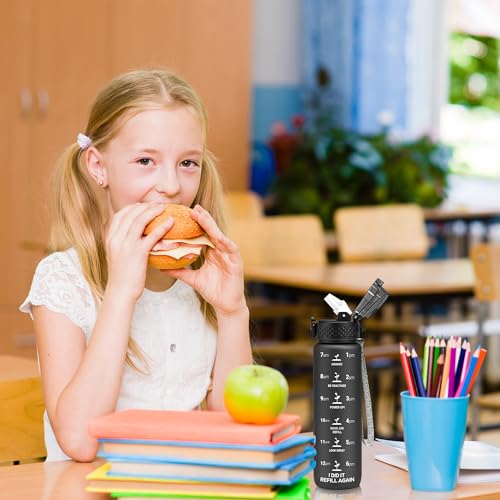 OLDLEY Kids Water Bottle for School, 17 oz (2 lids) BPA-Free Reusable Leak-proof Durable Tritan Plastic Water Bottles with Straw & Chug Lids, Anti-dust Spout Cover (Black) - color: Black, size: 17 Ounces