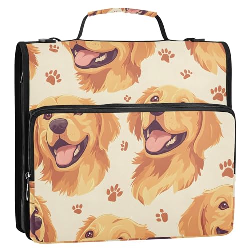 3 Ring Zipper Binder with Shoulder Strap Golden Retriever Face Pattern 1.5 inch Binders Keeper Large Capacity Multi Pockets for School Office Supplies