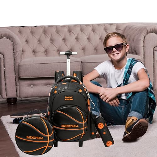 Kids Rolling Backpack Roller Backpack with Wheels Elementary Kindergarten Students Basketball Trolley School Bag for School Boys - color: Black