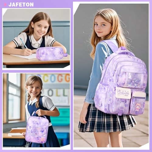 Jafeton Backpacks for Girls, Girls Backpack with Insulated Lunch Bag and Pencil Case for Kids Teens Elementary Middle High School Student, Cute Bow School Bag Travel Daypacks Book Bag Set - color: Purple