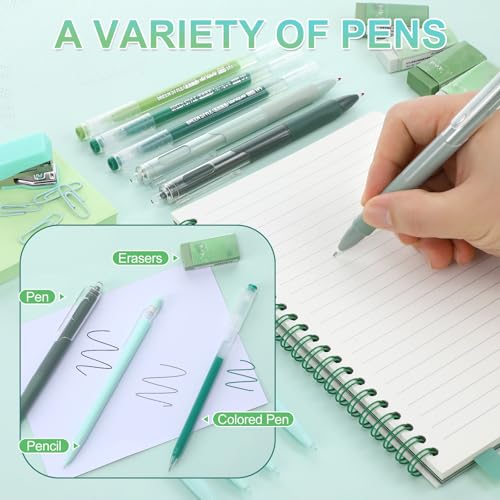 Eersida 74 Pcs Aesthetic School Supplies with Large Pencil Pouch 5 Ink Gel Pens 12 Highlighters 6 Mechanical Pencils 0.5mm 9 Color Pens 4 Note Pads Set for Student Stationary (Green,Nature Style) - color: Green, style: Nature Style