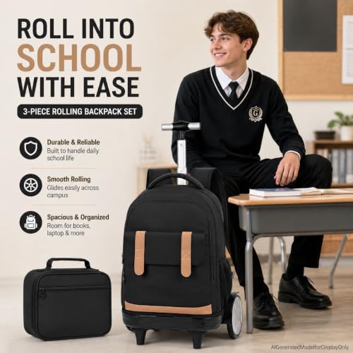 KLFVB Rolling Backpack with Big Quiet-Glide Wheels, 3-in-1 Wheeled Commuter Set with Lunch Bag | Water-Resistant Roller Bag for Men & Women, Work, Travel, School - Black