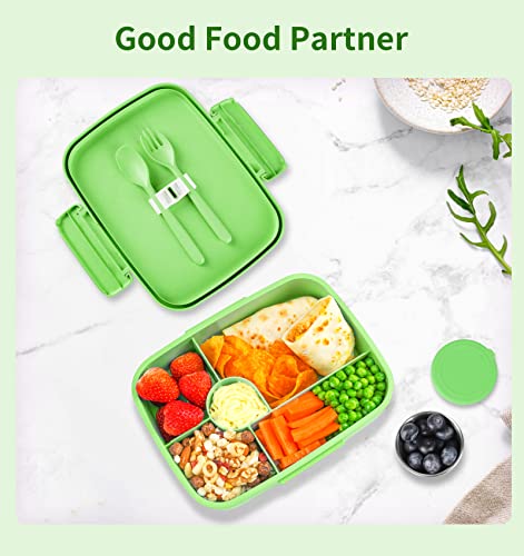 Bento Lunch Box with Kids/Adults, 5 Compartments Leakproof Lunch Container with Dressing Cup, Eco-Friendly Double Insulated Boxes, Dishwasher and Microwave Safe, BPA-Free (green) - color: Green