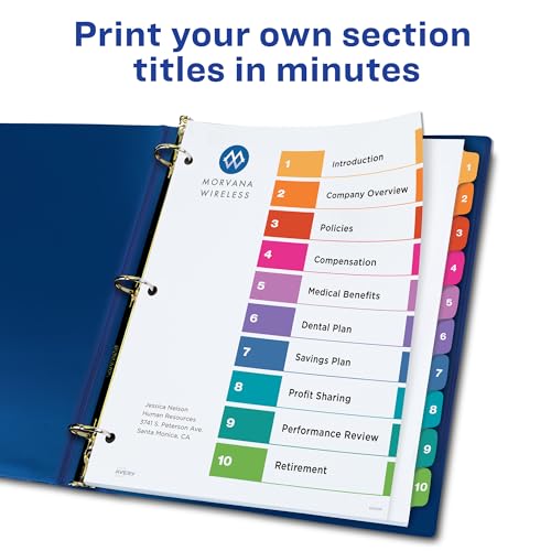 Avery 10 Tab Dividers | Multicolor Tabs | Table of Contents | For 3 Ring Binders | Pack of 48 - size: 10 tabs (Pack of 8)