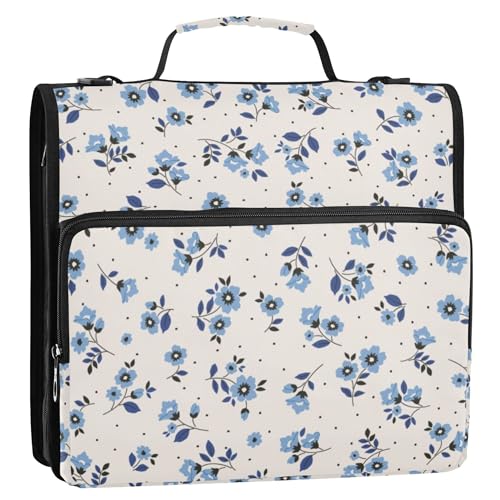 Fisyme Floral Blue Flowers Zipper Binder 3 Ring with Zipper and Shoulder Strap Large Capacity Multi-Pocket Zipper Binder Organizer - color: Multi-cream