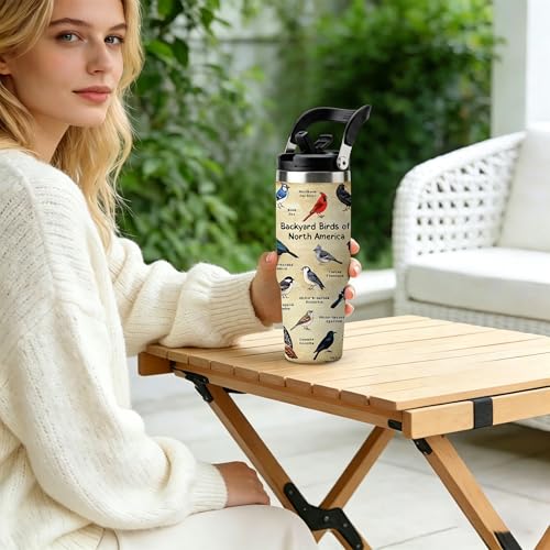 Bird Tumbler Cup with Handle 30 oz with Lid and Straw, Leak-proof Insulated Stainless Steel Coffee Tumbler with Bird Illustration Pattern and Species Names, Gift for Birds Watcher Nature Lover - color: Bird, size: 30 Ounces