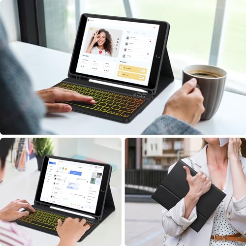 AHYWTAN Keyboard Case for iPad 9/8/7th Gen 10.2, Bluetooth Keyboard with 7 Color Backlit, iPad 10.2 inch Case with Keyboard, Pencil Holder, Black-L - color: Black-L