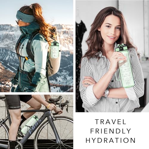 Hyeta Water Bottle with Straw & Time Marker, Plastic 32oz Leakproof | Motivational Tritan BPA Free Gym Office Outdoor Intake Tracker Hourly Reminder Straw Lid Carry Strap - color: Clear Green