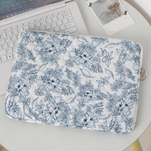 13.3 Inch Laptop Sleeve, Cute Flower Printed Puffy Case, Quilted Floral Protective Cover for Mac-Book Air/Pro, Aesthetic Laptop Carrying Bag - color: Dark Blue