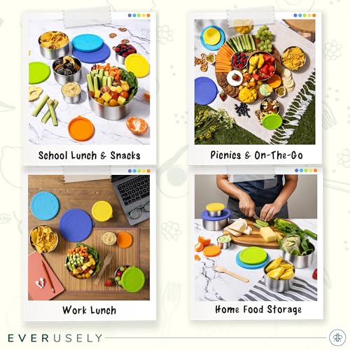 Stainless Steel Food Containers, Metal Lunch Boxes, Set of 5, Summer | Everusely lunch containers feature colorful lids and offer durable utility for snacks, meal prep, and food storage. - color: Summer