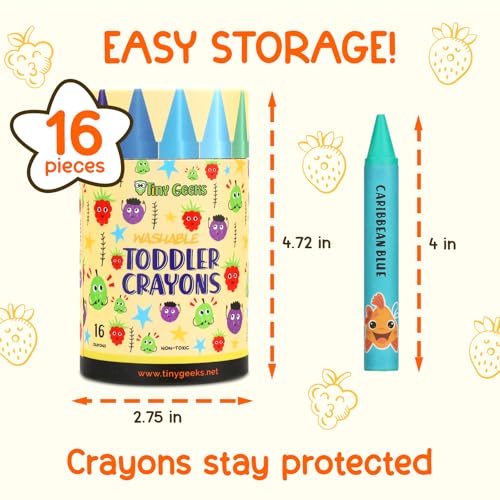 TinyGeeks Jumbo Crayons (16 Colors) โ Non-Toxic, Washable, Easy-to-Hold Art Supplies for Toddlers and Kids โ Perfect for Travel, Learning, and Creative Play