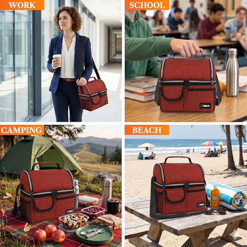 opux Insulated Lunch Bag Women Men, Dual Compartment Leakproof Lunch Box Adults Kids, Double Decker Meal Prep Bento Lunch Cooler Tote with Shoulder Strap for Work Office School Travel, Red - color: Heather Red