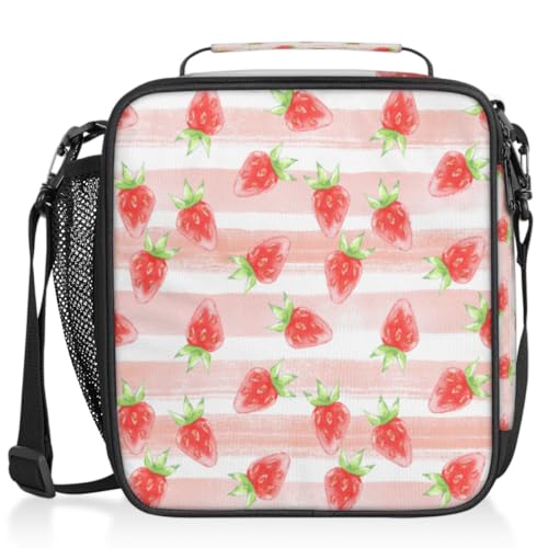 Pardick Fruit Strawberry Insulated Lunch Bag Girls,Kids Thermal Meal Cute Pink Stripe Reusable Lunch Box Children Waterproof Back to School Picnic - color: Strawberry