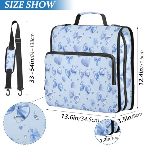 Light Blue Bows Hearts Zipper Binder 3 Ring with Handle and Shoulder Strap, 500 Sheet Binder Organizer Capacity & Multi-Pockets for School Office - color: A5433
