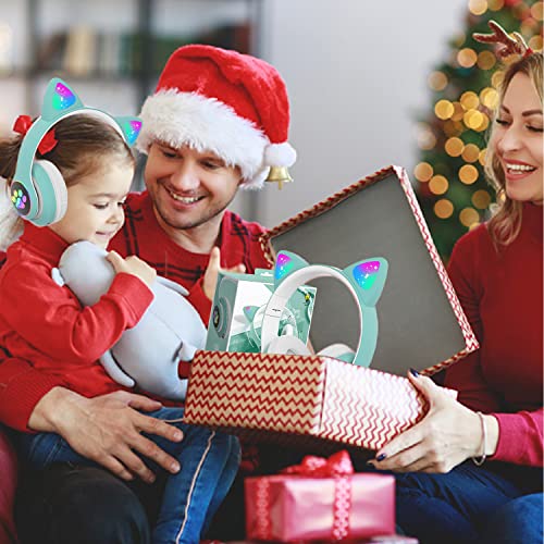 Cat Ear Bluetooth Kids Headphones, LED Lights, Foldable, Green | Wireless Bluetooth 5.0, foldable design, built-in mic & TF card slot, adjustable comfort, ideal for kids' learning & play. - color: Green