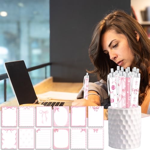 Wxiben Pink Bow Sticky Notes with Pens 24 Pcs Coquete Bow Notepads Preppy Ballpoint Pens Bulk Bows Cherries Notes Black Ink Pen Gifts for Women Office Supplies Party Favor - color: Pink Bow