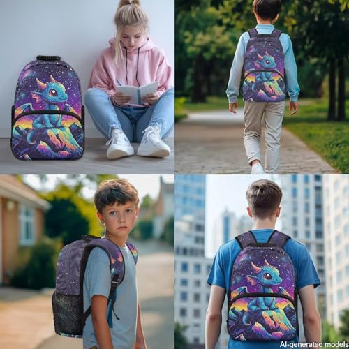 Dragon Starry Print Backpack Set for School Kids, 4PCS Book Bag with Lunch Bag Pencil Case Water Bottle Sleeve Back to School Supplies - color: Dragon Starry