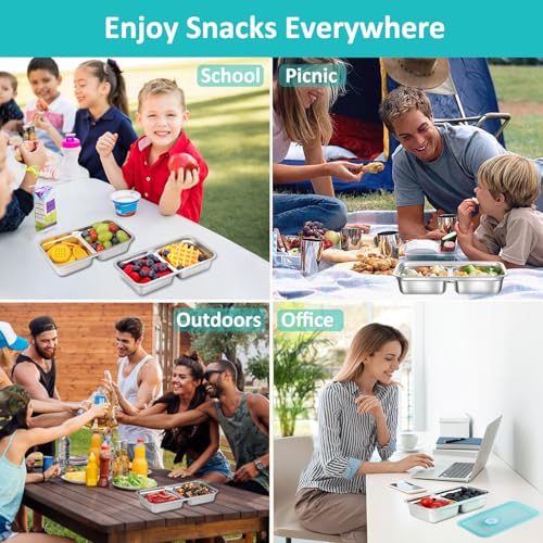 4 Pack Grab and Go Snack Containers Reusable, Stainless Steel Double Compartment Snack Containers with Leakproof Lids for Travel and Outdoor Camping School Lunch Prep Dishwasher Safe (4)