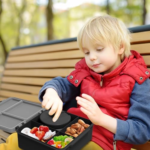 Aimsnk Kids Lunch Box with Thermo Insulated Lunch Bag for School, Black | Kids Bento Lunch Box with 8oz Food Jar, Leak Proof Hot Soup Lunch Containers with 4 Compartment, Warm Lunchbox for Toddler - color: Black