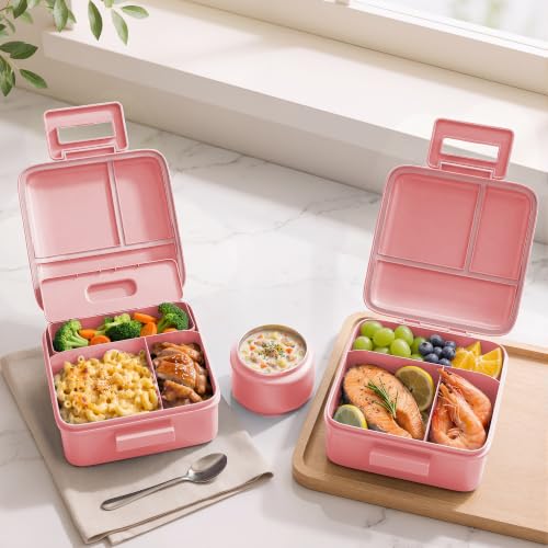 MAISON HUIS Bento Lunch Box with 8oz Soup Thermo, 5-Compartment Leak-Proof Container, Thermo Hot Food Jar and Insulated Lunch Bag, BPA Free,Travel, School (Pink) - color: Pink1