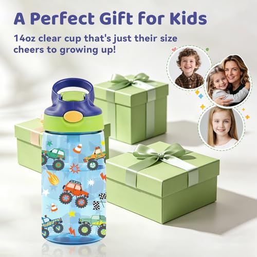 Truck 14oz Water Bottle with Straw - Leakproof BPA-Free Plastic Pop-Up Spout, Reusable Leak Proof Travel Bottle for Outdoor Sports - color: Truck2