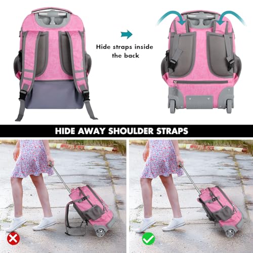 Tilami Rolling Backpack & Lunch bag for Kids 19 Inch Wheeled Bookbag for Boys & Girls for School & Travel,Giraffe pink - color: Giraffe Pink