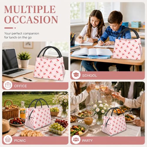 Lunch Box for Women,Cute Cherry Insulated Lunch Bag,Flowers Pink Leakproof Thermal Insulation Cooler Tote Bags for Teacher Nurse Kids School Work Picnic - color: Cute Cherry