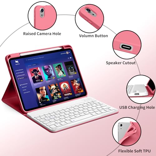 kenke for iPad 11/10th Gen Case with Keyboard 11/10.9 inch 2025 A16/2022, Detachable Wireless Bluetooth Keyboard Case with Bulit-in Pencil Holder, White Square Keycaps (Pink) - color: Watermelon Red