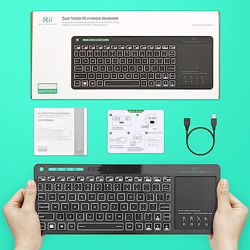 (Dual Mode) Rii RT518S Wireless and Bluetooth 2-LED Color Backlit Multimedia Keyboard with Multi-Touch Big Size Trackpad,Rechargable Keyboard for Android TV Box,PC,Tablets,Smart TV, HTPC, IPTV,Windows - style: 2.4G+Bluetooth(New Version)