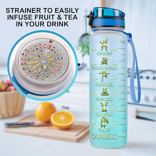 Funny Frog Water Bottle 32oz – Stop Slacking Drink Your Water Motivational Time Marker Bottle, Cute Frog Meme Gift for Animal Lovers, Daily Hydration Tracker - color: Frog