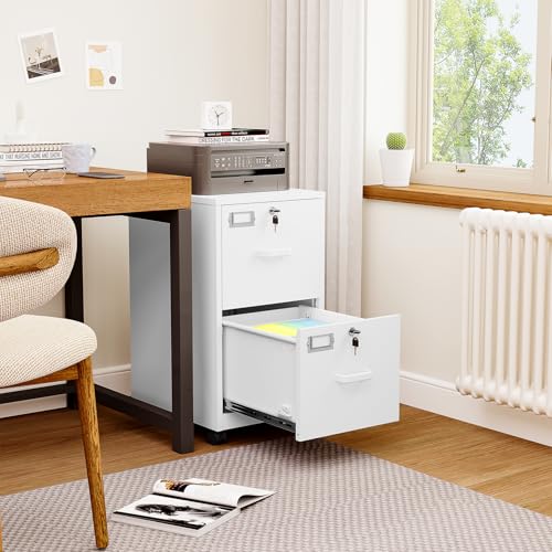 BYNSOE 2 Drawers File Cabinet with Lock Metal Vertical File Cabient with Wheels Mobile File Cabinet for Office Home Legal/Letter/a4 Size Require Assembly (White, 2 Drawers) - color: White, size: 2 Drawers-wheels
