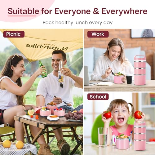 Lille Home Stackable Stainless Steel Thermal Compartment Lunch/Snack Box, 3-Tier Insulated Bento/Food Container with Lunch Bag and Three Extra Seals, 43OZ (Pink) - color: Pink