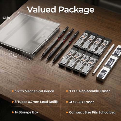 Nicpro Mechanical Pencils 0.7mm in Case, 3 Pack Metal Pencils Set, Black | 480PCS HB Lead Refills, 3 Erasers, 9 Eraser Refills, Anti-slip Grip, Art Sketching Pencil for Writing Drawing Drafting - color: Black, style: 0.7 MM