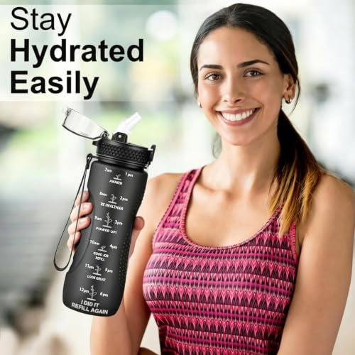24 OZ Motivational Water Bottle With Time Marker,Leak Proof,Straw Lid, Tritan BPA Free Sports Water Bottle Black(1 Lid) - color: Black