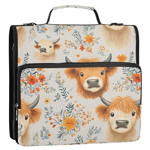 3 Ring Zipper Binder Highland Cow Wildflowers Binders Bag with Shoulder Strap 500 Sheets Paper Organizer Trapper Keeper Documents Storage File Folder for School Office - color: A1356