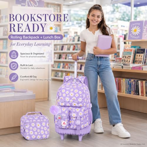 WZLVO 3PCS Girls Rolling Backpack, Water Resistance Roller Bookbag, Women Aesthetic Wheeled School Bag Set with Lunch Bag & Pencil Bag for Teens & Kids - Purple Chrysanthemum - color: 3pcs Girls Rolling Backpack - Purple Chrysanthemum