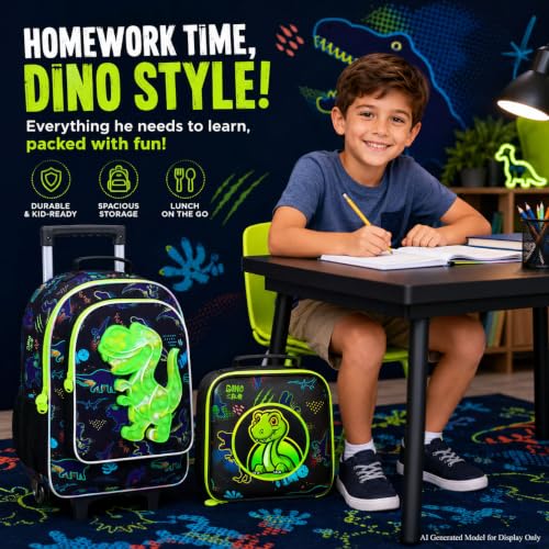 CCJPX 3PCS Dinosaur Rolling Backpack for Boys, 18" Kids Dinosaur Backpacks with Roller Wheels, Wheeled Bookbag with Lunch Box for Toddler Elementary School (Black) - color: Black Green Dinosaur