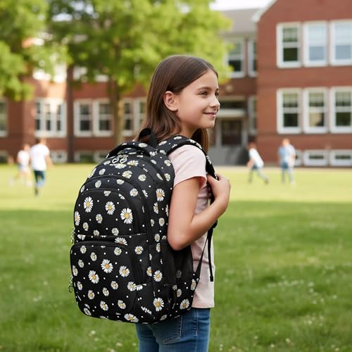 Glodwheat Daisy Printed Backpack For Girls- 3Pc Set With Lunch Box & Pencil Case, Lightweight Water-Resistant Bookbag For Elementary School - color: Black