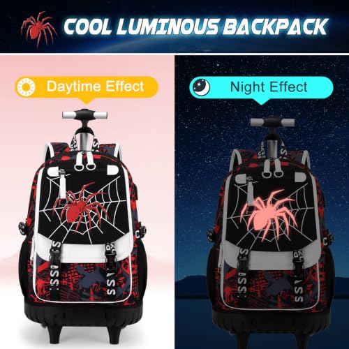 Bevalsa Rolling Backpack for Boys, Roller Backpack with Wheels, Wheeled School Bag with Sling Bag, Lunch Box & Pen Case for Kids Children Teens Elementary Middle Student Glow In The Dark - color: Spider