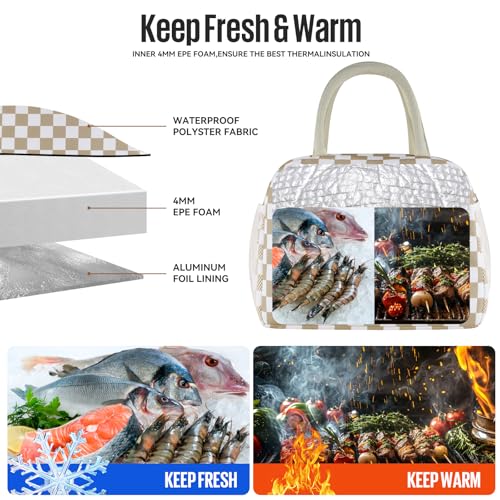Lunch Bag Women/Men Lunch Box Women/Men (Khaki+White Checkerboard) | Spacious Lightweight Waterproof Sturdy Durable Great Value For Office Work School Picnic Travel - color: Khaki+White Checkerboard
